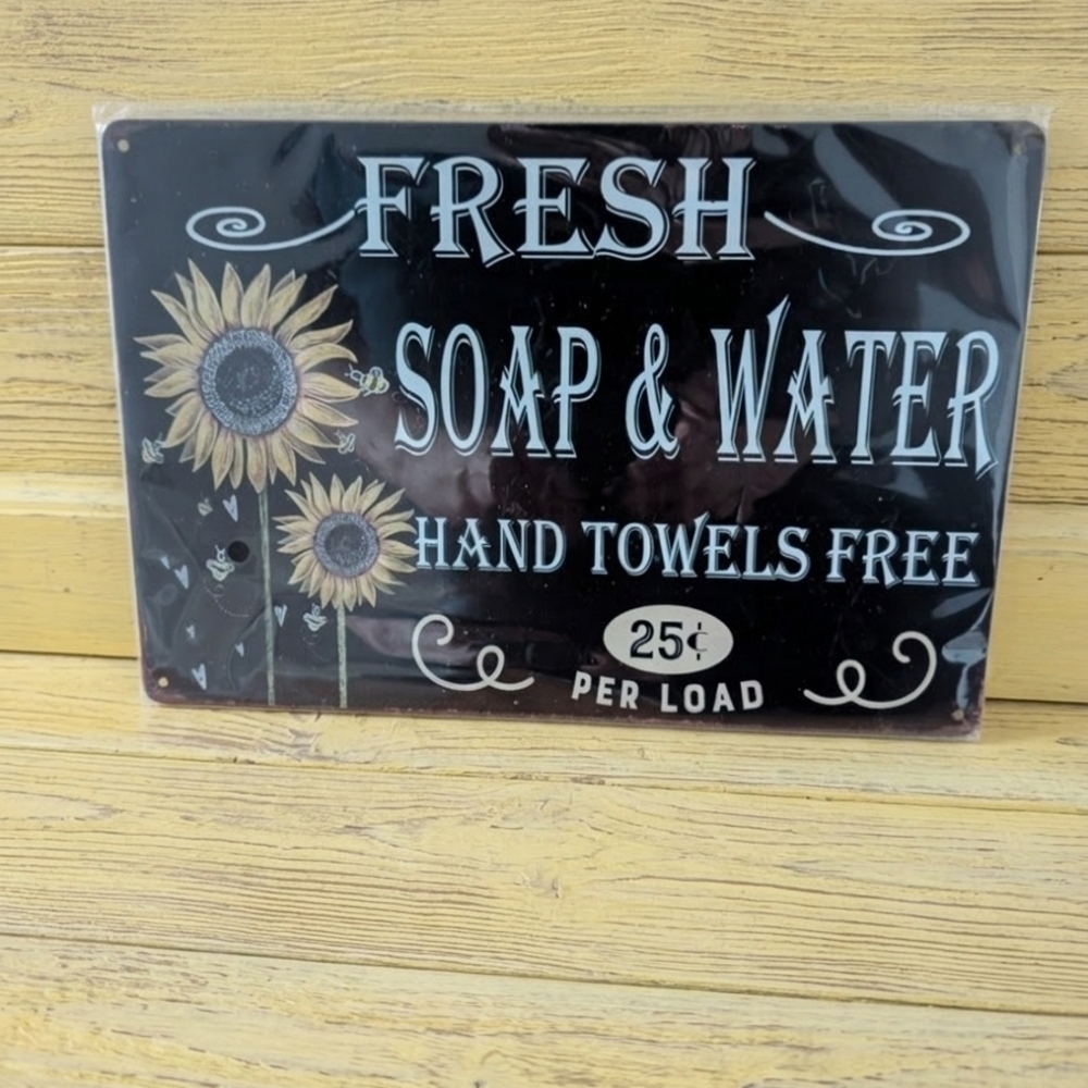 🌻 NEW Rustic Sunflower "Fresh Soap & Water" Tin Sign 🌻